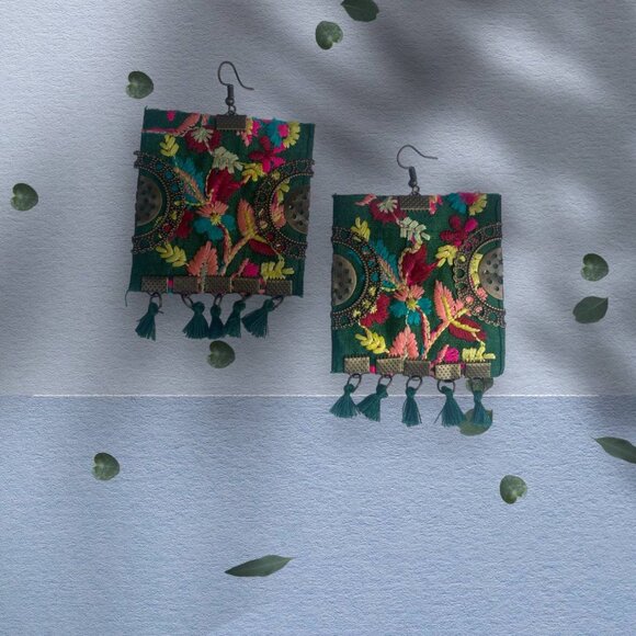 Persian Jewelry, Balochi Handmade dangling Embroidered earrings | Green - Picture 1 of 7